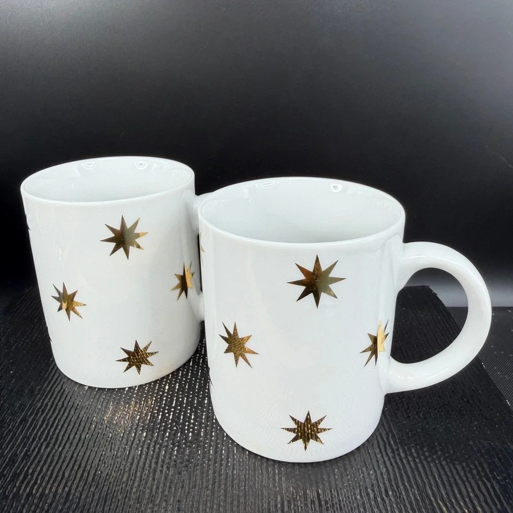 Pier‎ 1 Gold Starburst White Ceramic Coffee Mugs Cups Set of 2 Monno Bangladesh